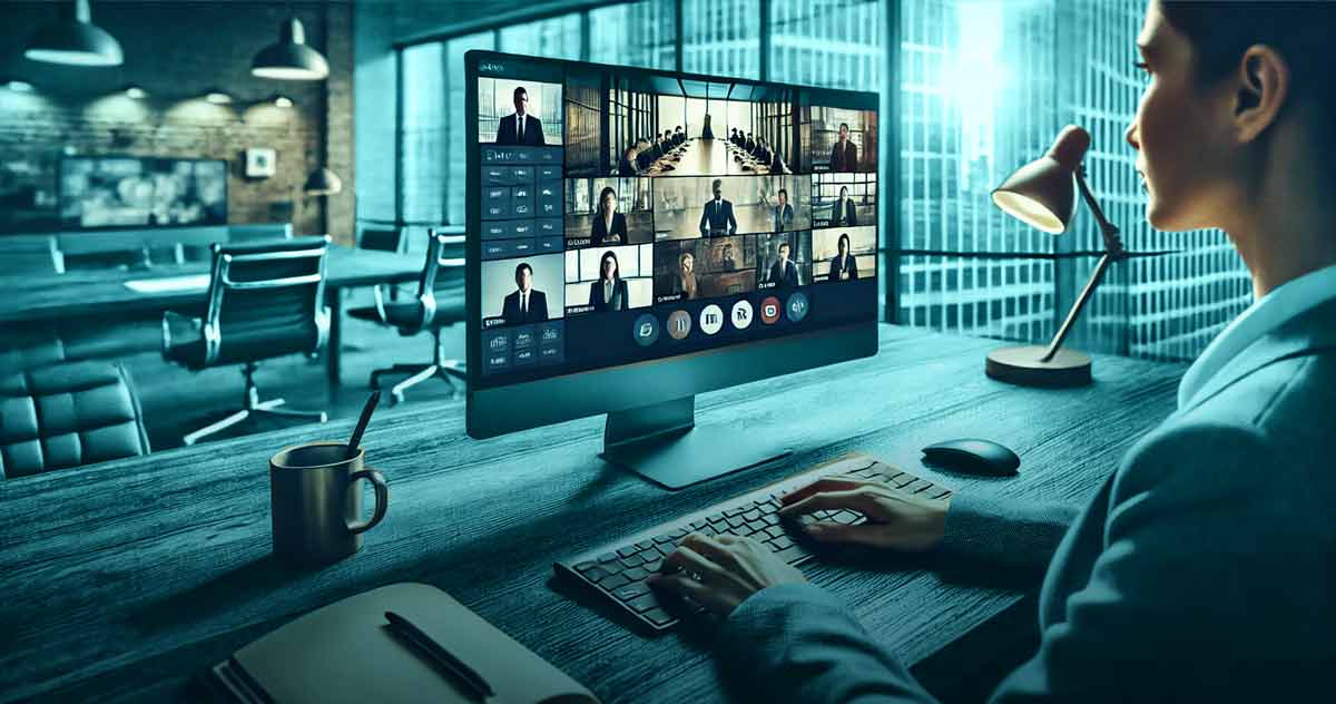 The Roster blog image for 'The Freelance Social Contract: Advice for Employers; POV of a project manager working at their desk in an office, coffee, and notepad on desk with computer monitor.