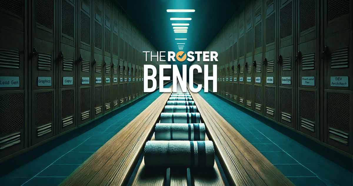 The Roster blog image for 'What’s a Roster Bench and How Does it Work?'—a locker room bench with rolled white towels extending into the distance.