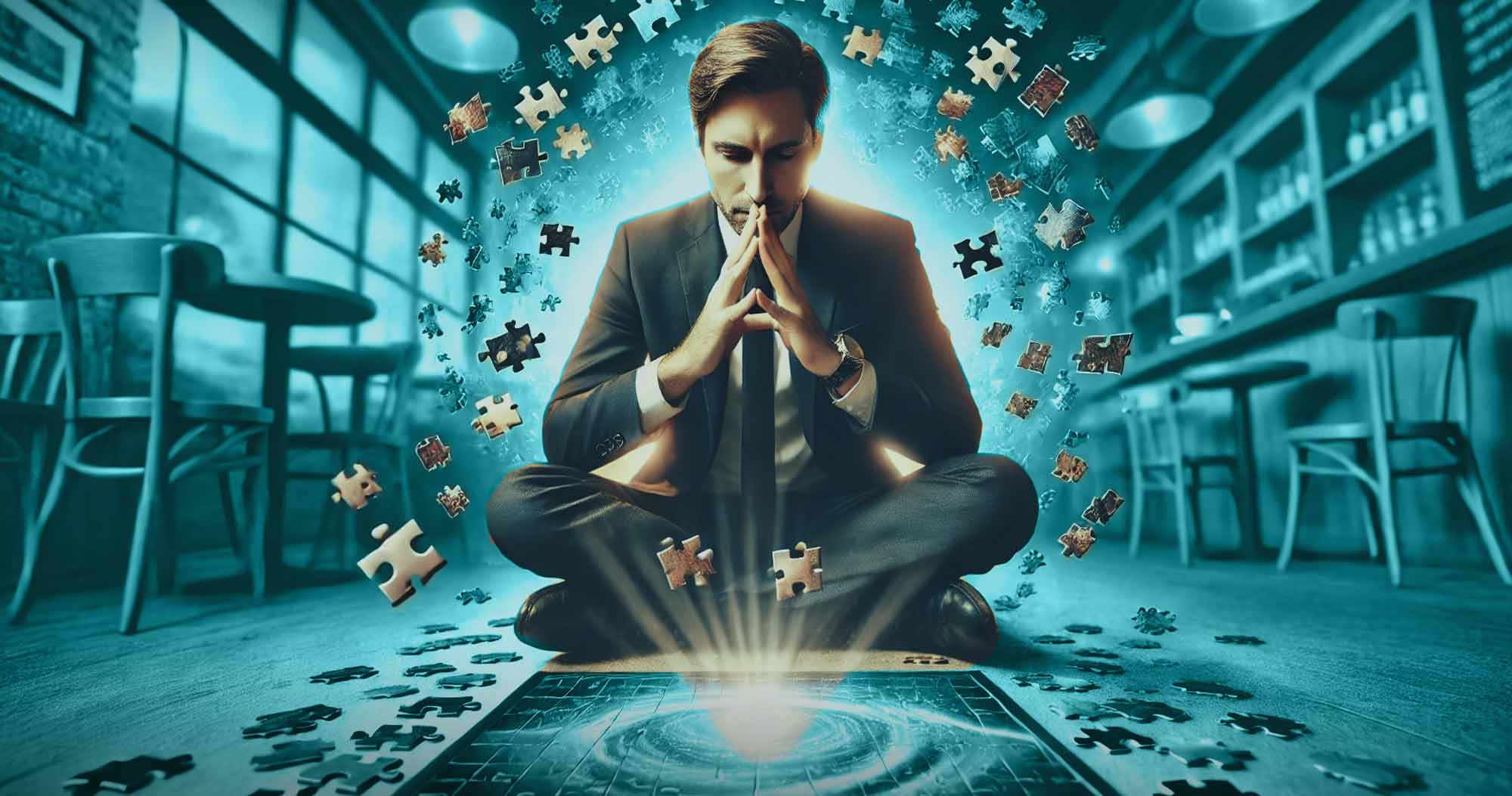 The Roster blog image for 'Project Management: The Underrated Key to Tech Success' shows a zen master Project manager considering his next move with puzzle pieces swirling around.
